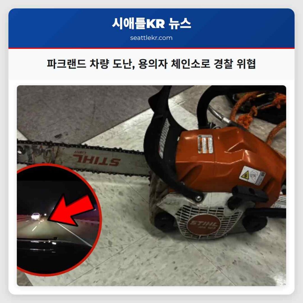 파크랜드 차량 도난, 용의자 체인소로 경찰 위협