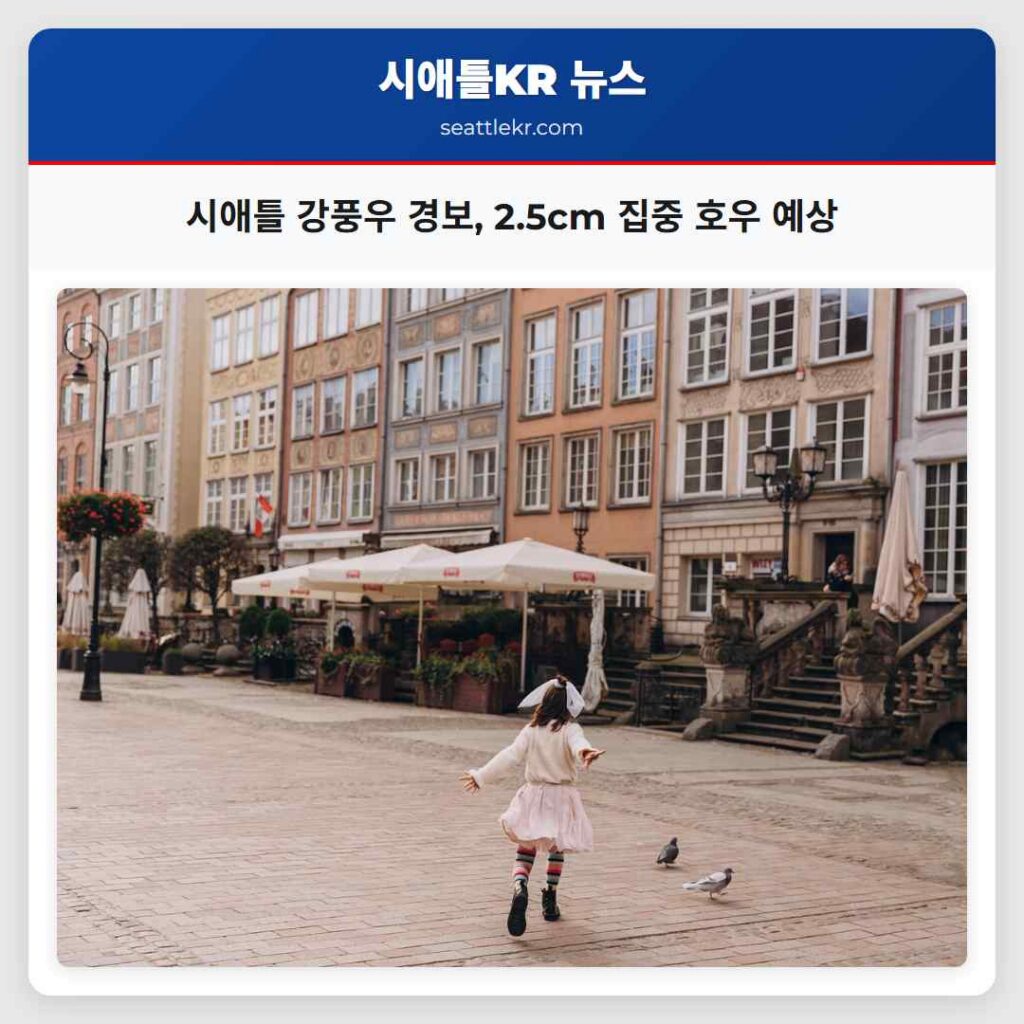 시애틀 강풍우 경보, 2.5cm 집중 호우 예상