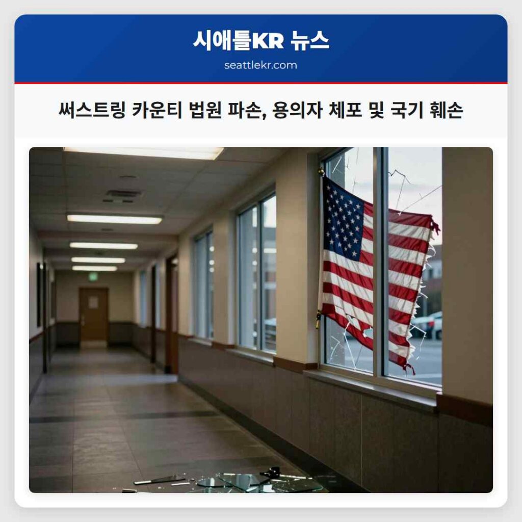 써스트링 카운티 법원 파손, 용의자 체포 및 국기 훼손