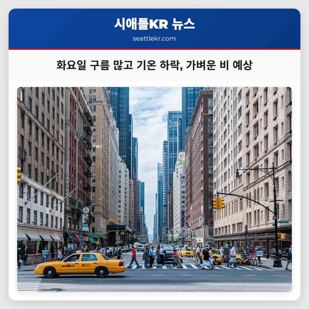 화요일 구름 많고 기온 하락, 가벼운 비 예상