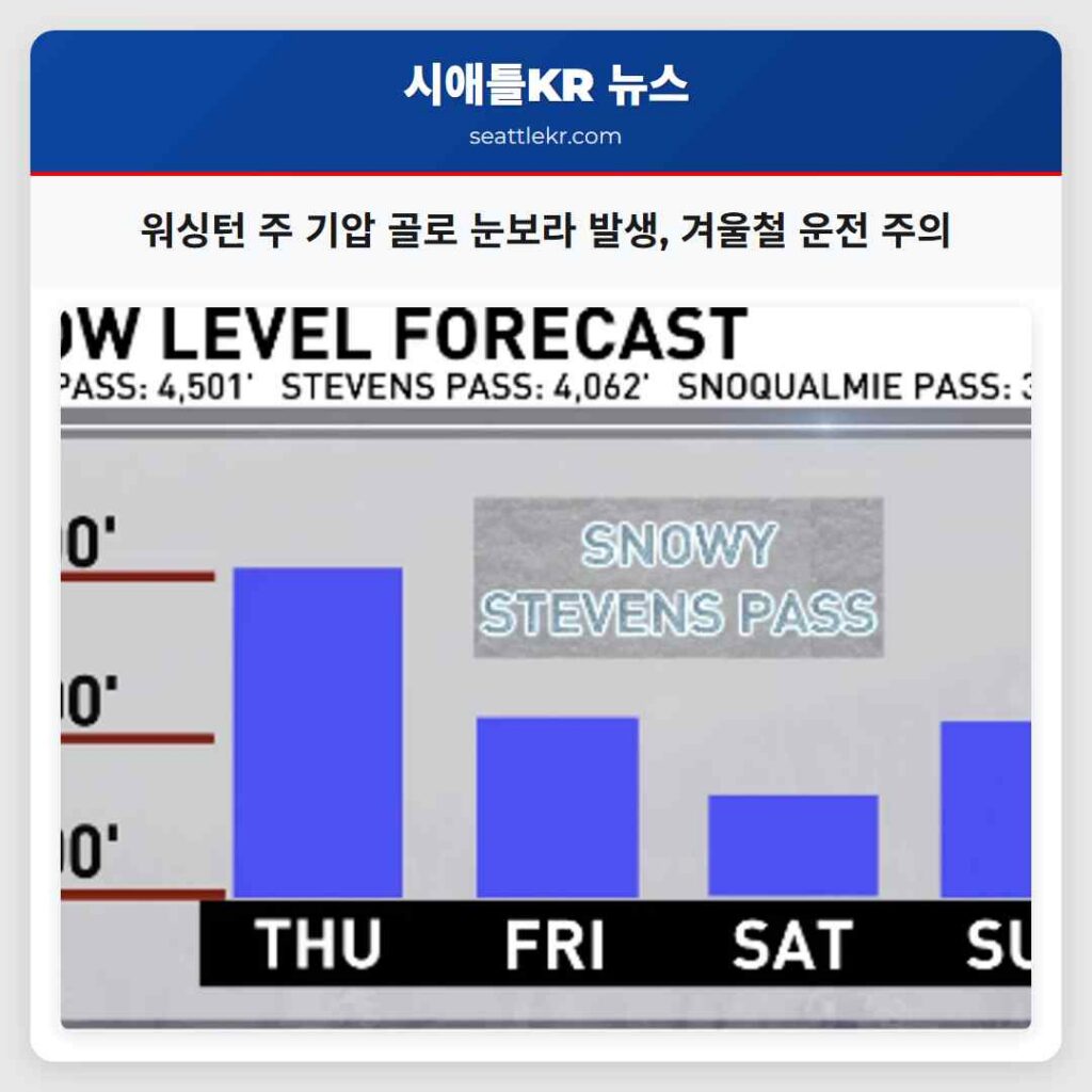 워싱턴 주 기압 골로 눈보라 발생, 겨울철 운전 주의